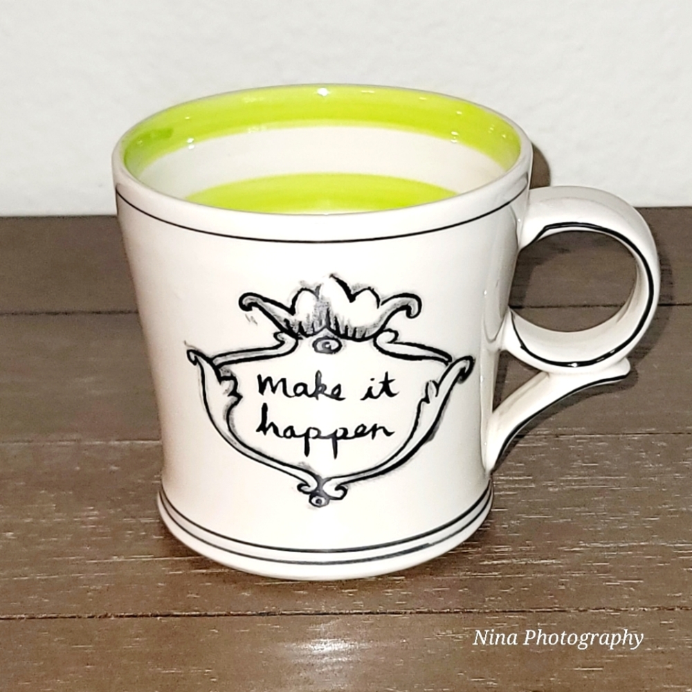Anthropologie Molly Hatch Make it Happen 12 Oz Coffee Tea Mug Cup Green Striped